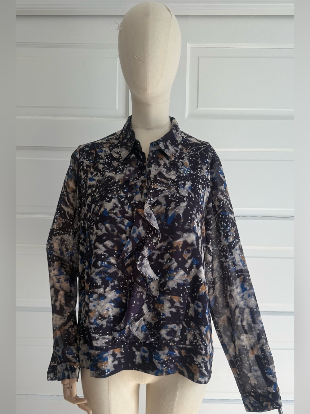 Watercolor Ruffle Soft Sheer Artistic Print State Blouse  Modern Romantic Style